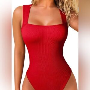 Red Ribbed Bodysuit for Women